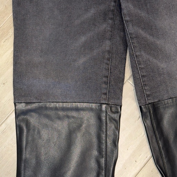 EXPRESS | Super High Waisted Faux Leather Paneled '90s Slim Jeans - Picture 8 of 9